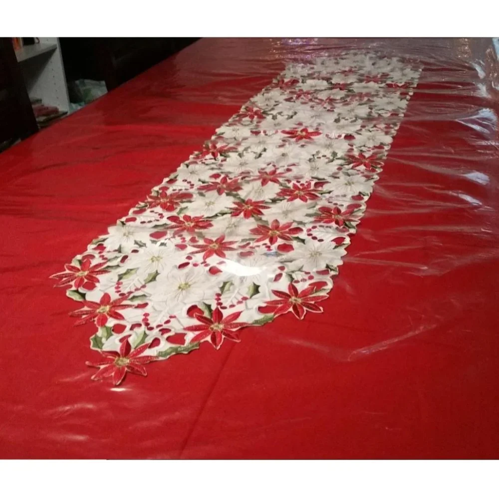 Christmas Table Runner Embroidered Decorative Cloth Poinsettia Holiday Decor 70